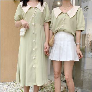 Short-sleeve Wide Collar Shirt / A-line Midi Dress