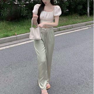 Tie-strap Cropped Blouse / Wide Leg Pants