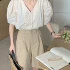 Puff-sleeve V-neck Dotted Blouse Beige - One Size