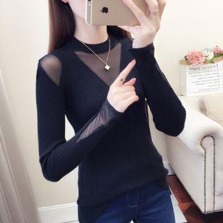 Long-sleeve Mesh-panel Mock-neck Knit Top