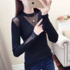 Long-sleeve Mesh-panel Mock-neck Knit Top