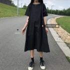Plain Elbow-sleeve A-line Maxi Dress Black - One Size