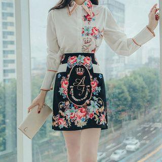 Set: Long-sleeve Floral Print Shirt + Mini Skirt