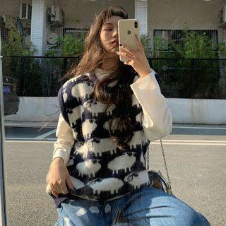 Sheep Print Knit Vest Navy Blue - One Size