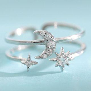 925 Sterling Silver Rhinestone Moon & Star Layered Ring Ring - Crescent & Star - Silver - One Size