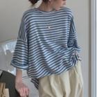 3/4-sleeve Striped T-shirt Blue - One Size