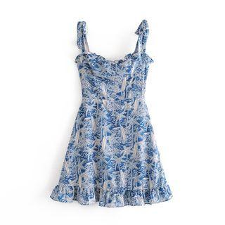 Tie-shoulder Tropical Rainforest Print Ruffled Trims Dress