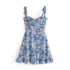 Tie-shoulder Tropical Rainforest Print Ruffled Trims Dress