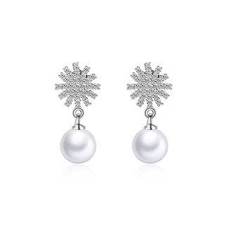 925 Sterling Silver Snowflake Earrings With White Fashion Pearl