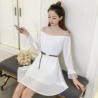 Long-sleeve Sheer Panel Chiffon A-line Dress