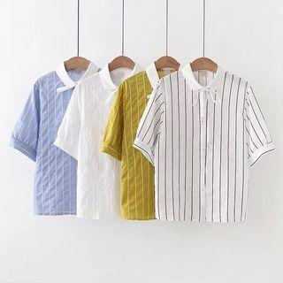 Short-sleeve Pinstriped Tie-neck Blouse