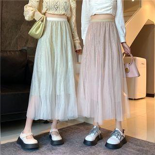 High-waist Mesh Panel A-line Maxi Skirt