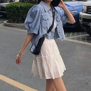 Short-sleeve Denim Jacket / Mini A-line Skirt / Spaghetti Strap Top