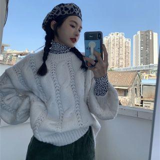 Puff-sleeve Sweater / Leopard Print Turtleneck Top