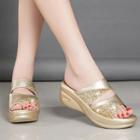 Glitter Panel Platform Wedge-heel Slide Sandals