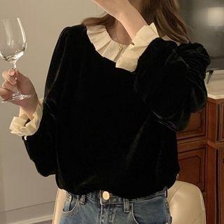Ruffle Trim Velvet Top Black - One Size