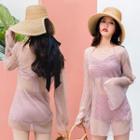 Set: Shirred Swim Top + High-waist Frilled Swim Shorts + Cover Up