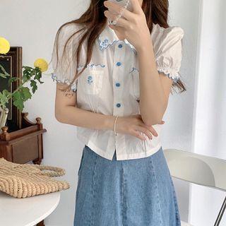 Puff-sleeve Ruffle Trim Flower Embroidered Shirt As Shown In Figure - One Size