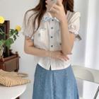 Puff-sleeve Ruffle Trim Flower Embroidered Shirt As Shown In Figure - One Size