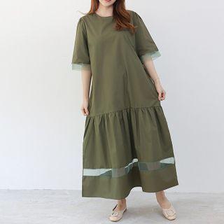 Elbow-sleeve Mesh Panel Maxi Shift Dress