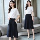 Set: Crew-neck Short-sleeve T-shirt + Slit Detail Midi A-line Skirt
