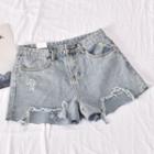 Embroidered Denim Hot Pants Light Blue - One Size