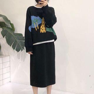 Crew-neck Long-sleeve T-shirt / Back Slit Midi Skirt / Patterned Sweater