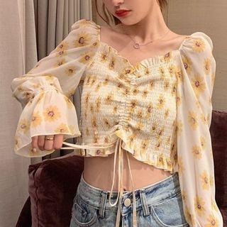 Floral Print Blouse Yellow Floral - White - One Size