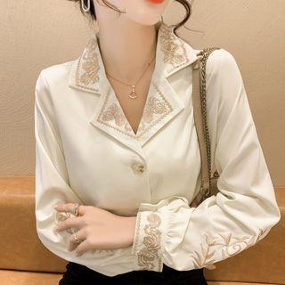 Long-sleeve Floral Embroidered Open-collar Blouse