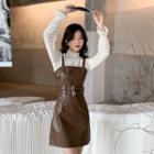 Long-sleeve Mock-neck Lace Top / Spaghetti Strap Belted Faux Leather Mini A-line Dress