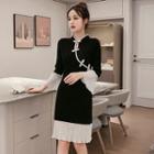Long-sleeve Frog Buttoned Knit Dress Black & White - One Size