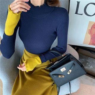 Long-sleeve Plain Top / High-waist Split Hem Skirt