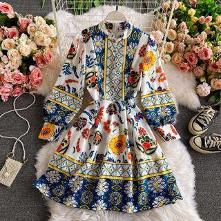 Puff Sleeve Print A-line Dress White - One Size