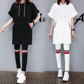 Set: Plain Short Sleeve Hoodie Dress + Ripped Striped Pants