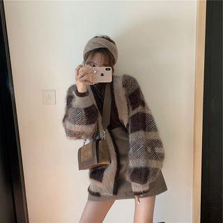 Plaid Open-front Cardigan / Turtleneck Long-sleeve Top / A-line Mini Skirt / Set