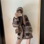 Plaid Open-front Cardigan / Turtleneck Long-sleeve Top / A-line Mini Skirt / Set
