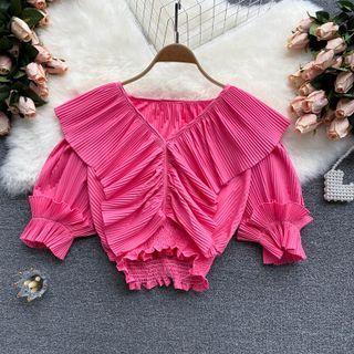 V-neck Accordion Pleat Ruffle Top