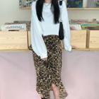 Long-sleeve Plain Sweatshirt / High-waist Leopard Pattern Skirt
