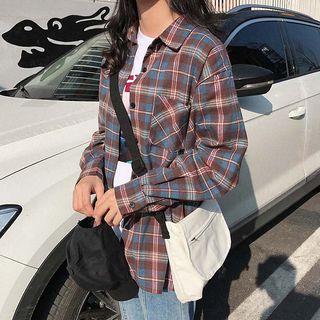 Long-sleeve Plaid Shirt Blue & Brown - One Size