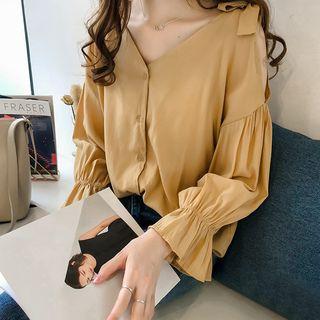 Cold-shoulder Bow-detail V-neck Shirt
