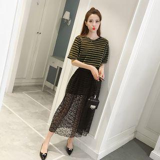 Set : Stripe Short-sleeve T-shirt + Mesh Midi Skirt