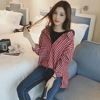 Mock Two-piece Long-sleeve Striped Shirt / Long-sleeve Plaid Shirt