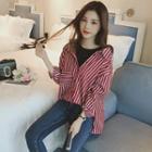Mock Two-piece Long-sleeve Striped Shirt / Long-sleeve Plaid Shirt