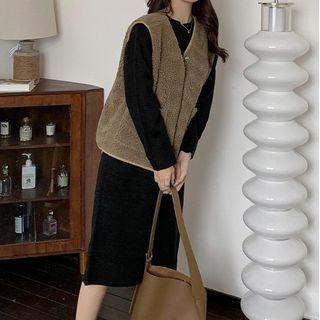 Long-sleeve Midi A-line Knit Dress / Vest / Set