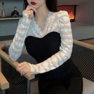 Eyelet Panel Long-sleeve Knit Top