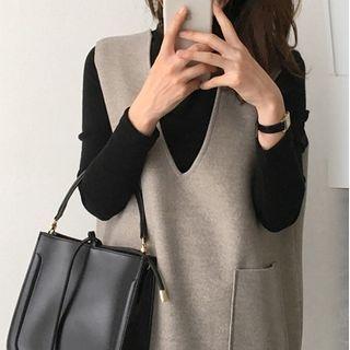 Set: Sleeveless Overall Dress + Mock Neck Top