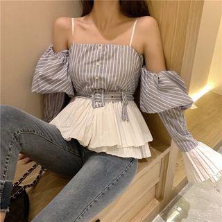 Striped Cold Shoulder Puff-sleeve Peplum Top
