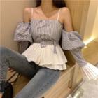 Striped Cold Shoulder Puff-sleeve Peplum Top