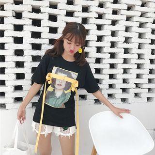 Short Sleeve Printed Strap Panel T-shirt