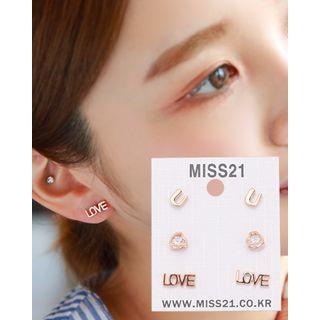 U Lettering / Heart / Love Ear Stud Set (6 Pcs)